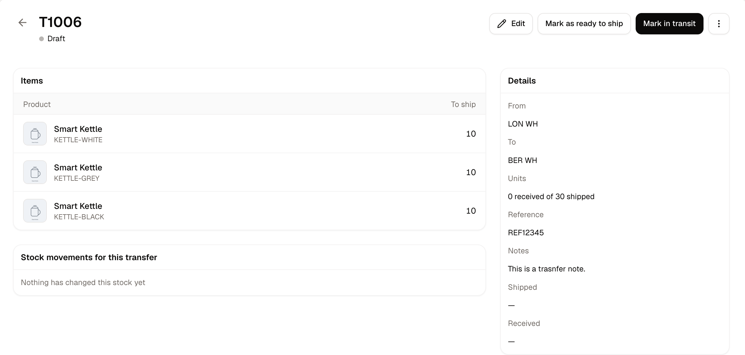 A stock transfer showing its details, items, and the buttons that move it through its lifecycle