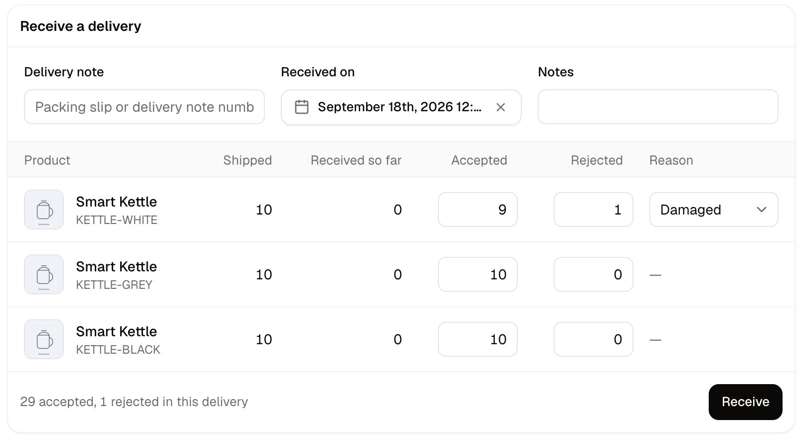 A stock transfer ready to receive, with accepted and rejected quantities against each line