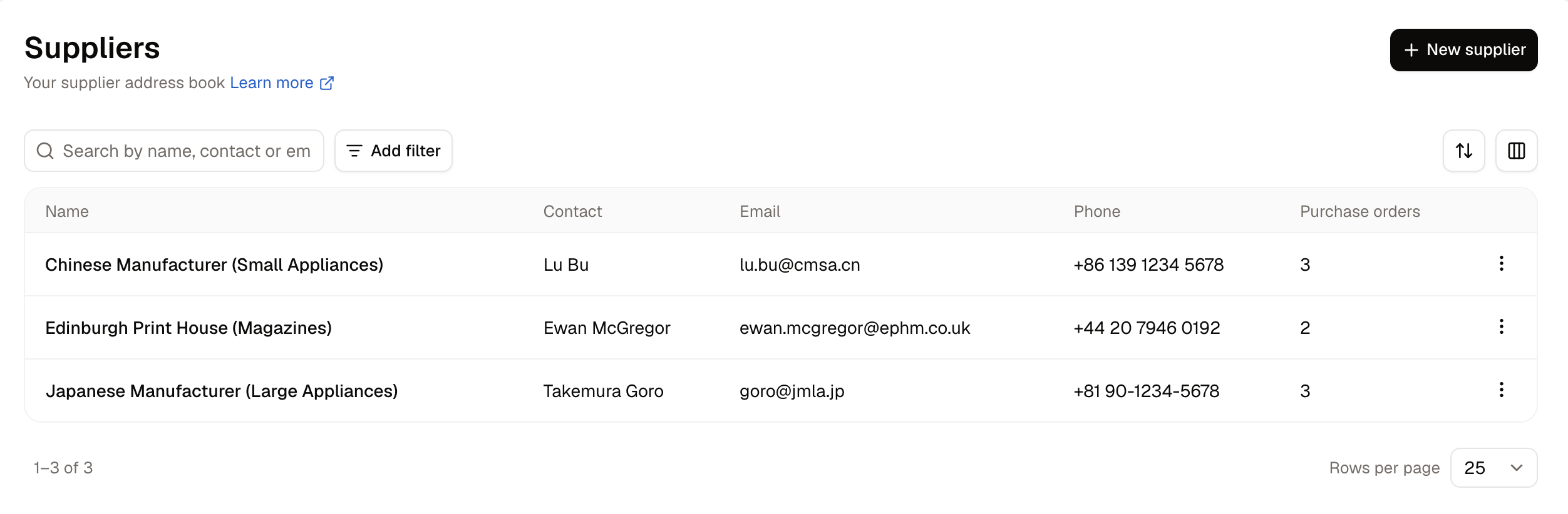 The Suppliers list showing each supplier's contact details and how many purchase orders have been placed with them