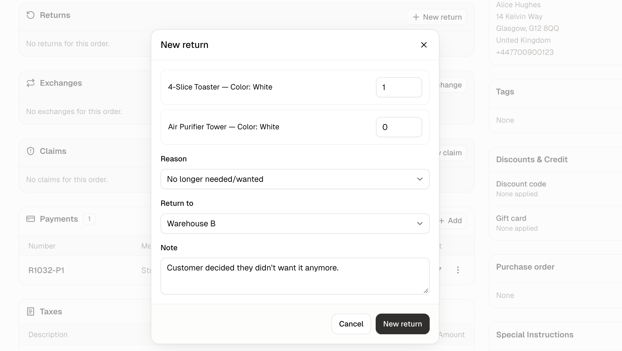The New return dialog, with the quantity at 0 and the Reason, Return to and Note fields