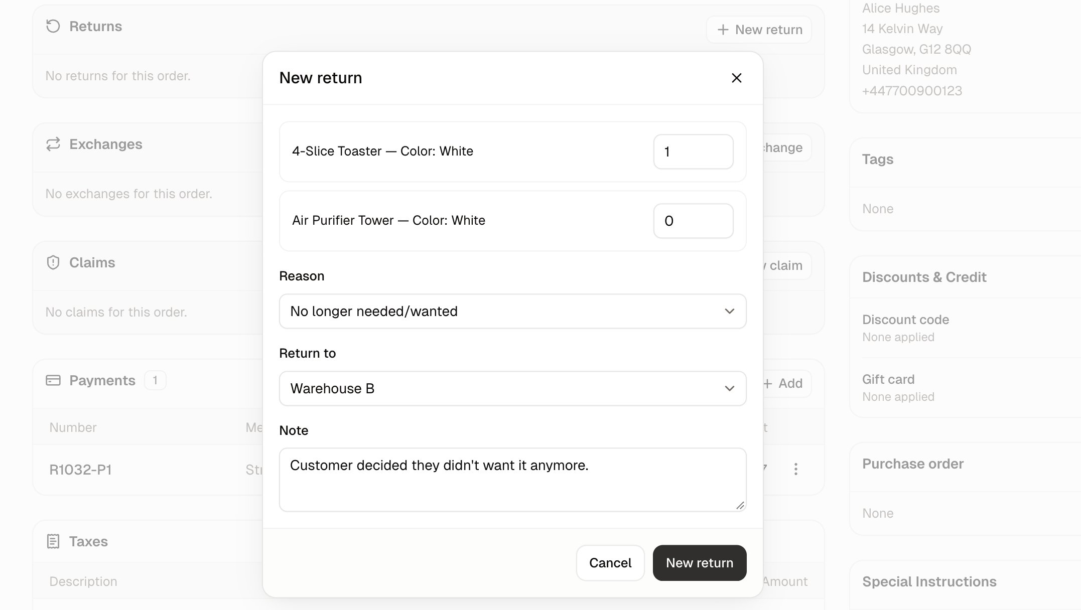 The New return dialog, with the quantity at 0 and the Reason, Return to and Note fields