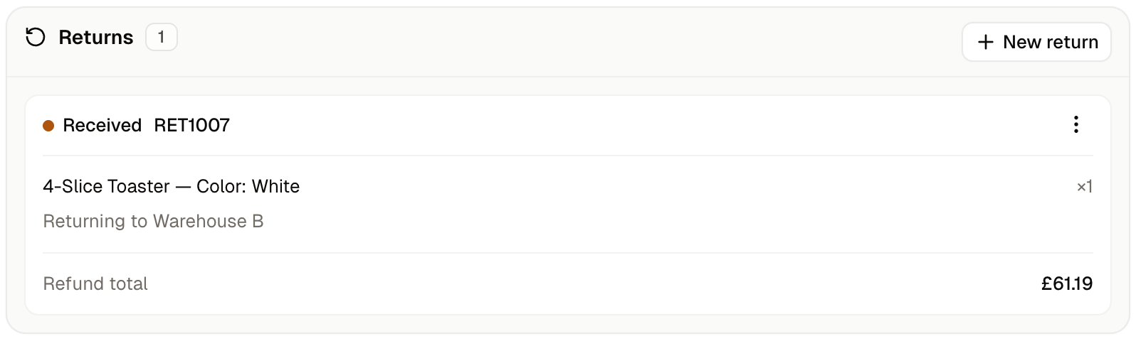 A return on the order page after receiving 1 of 1 units
