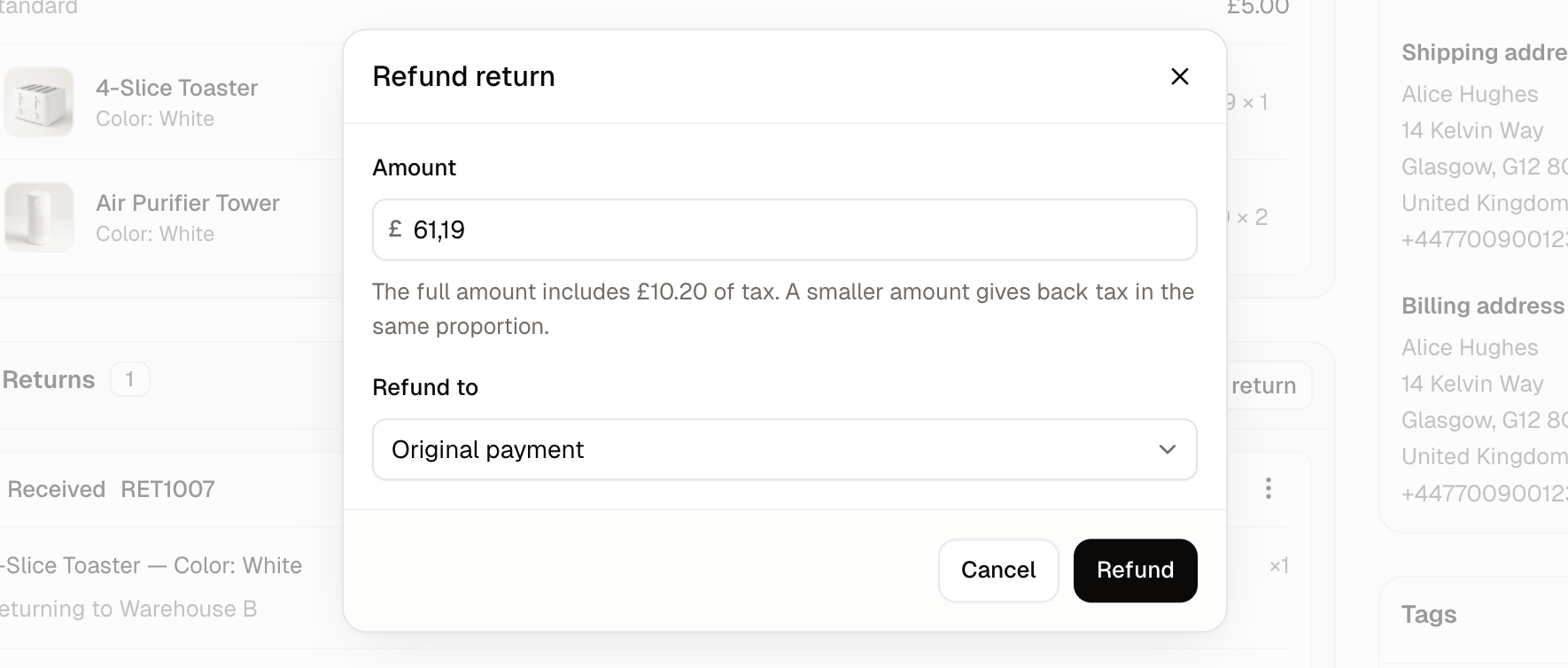 The Refund return dialog with the amount for the received units and Refund to set to Original payment
