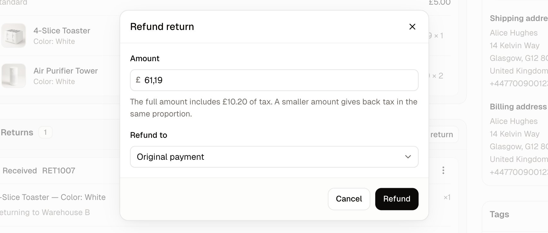 The Refund return dialog with the amount for the received units and Refund to set to Original payment