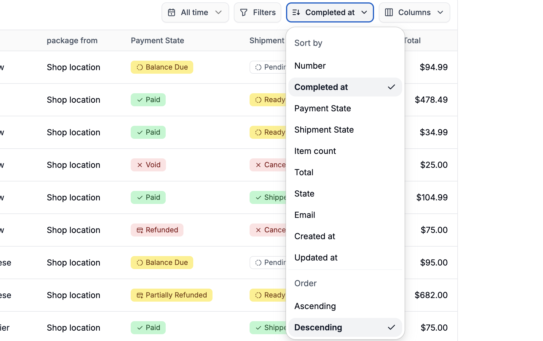 Apply sorting to orders in the Spree Commerce dashboard