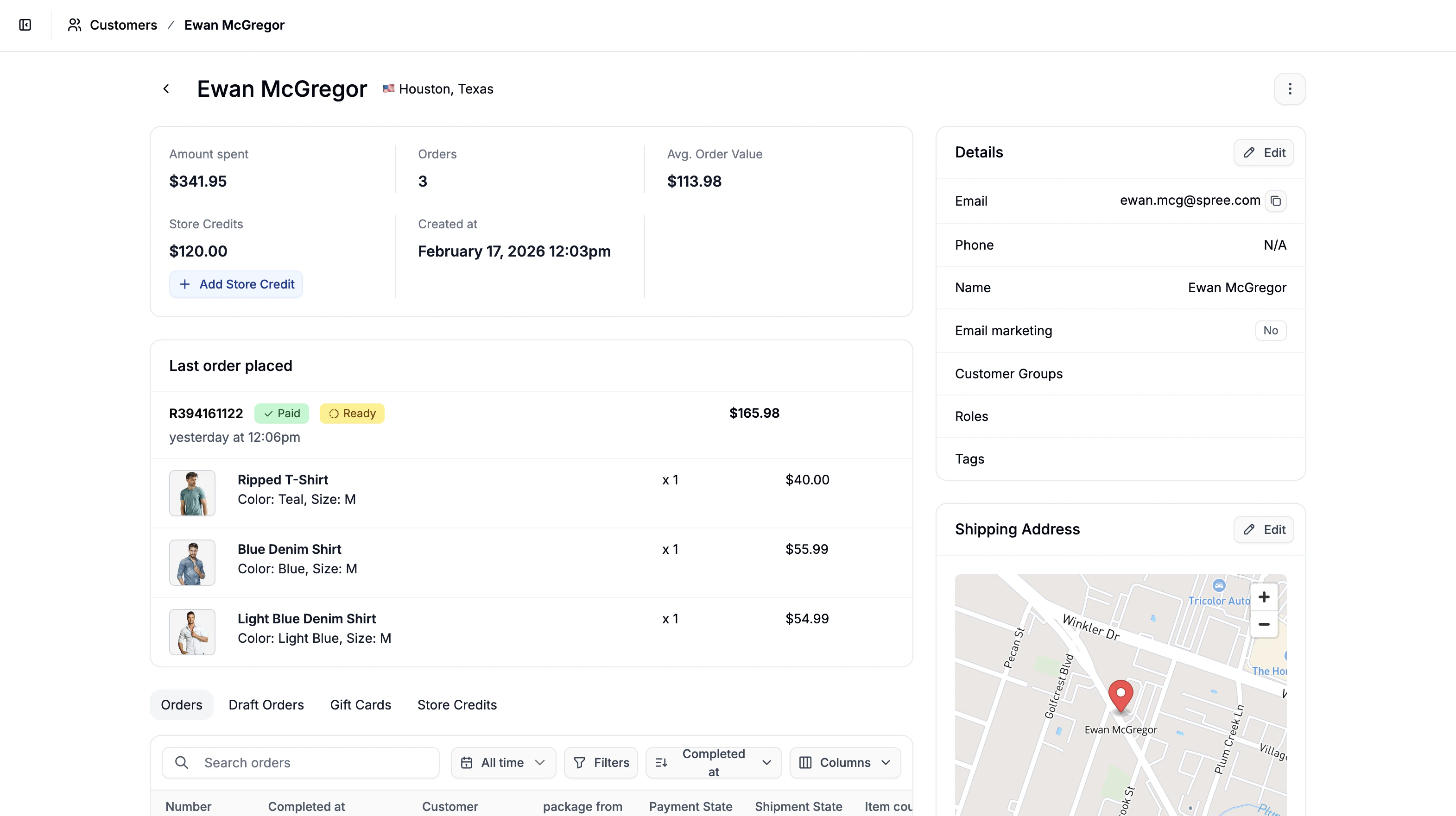 The customer profile overview in the Spree dashboard