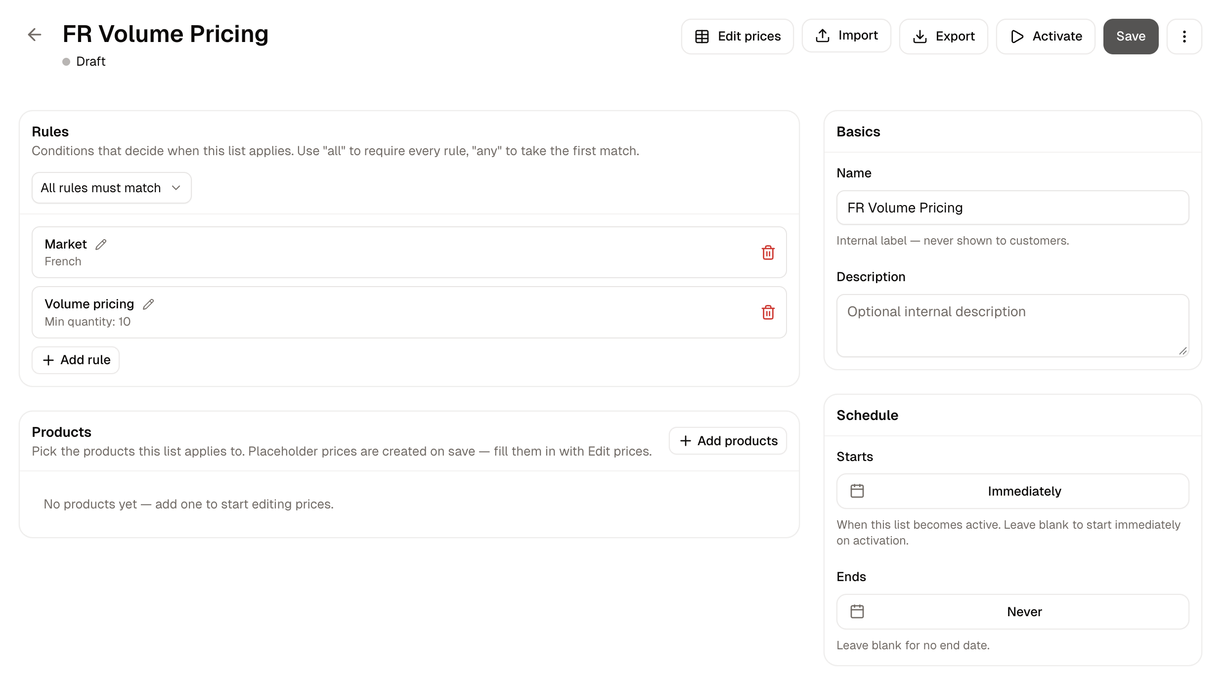 A price list's page, with its rules, products and schedule