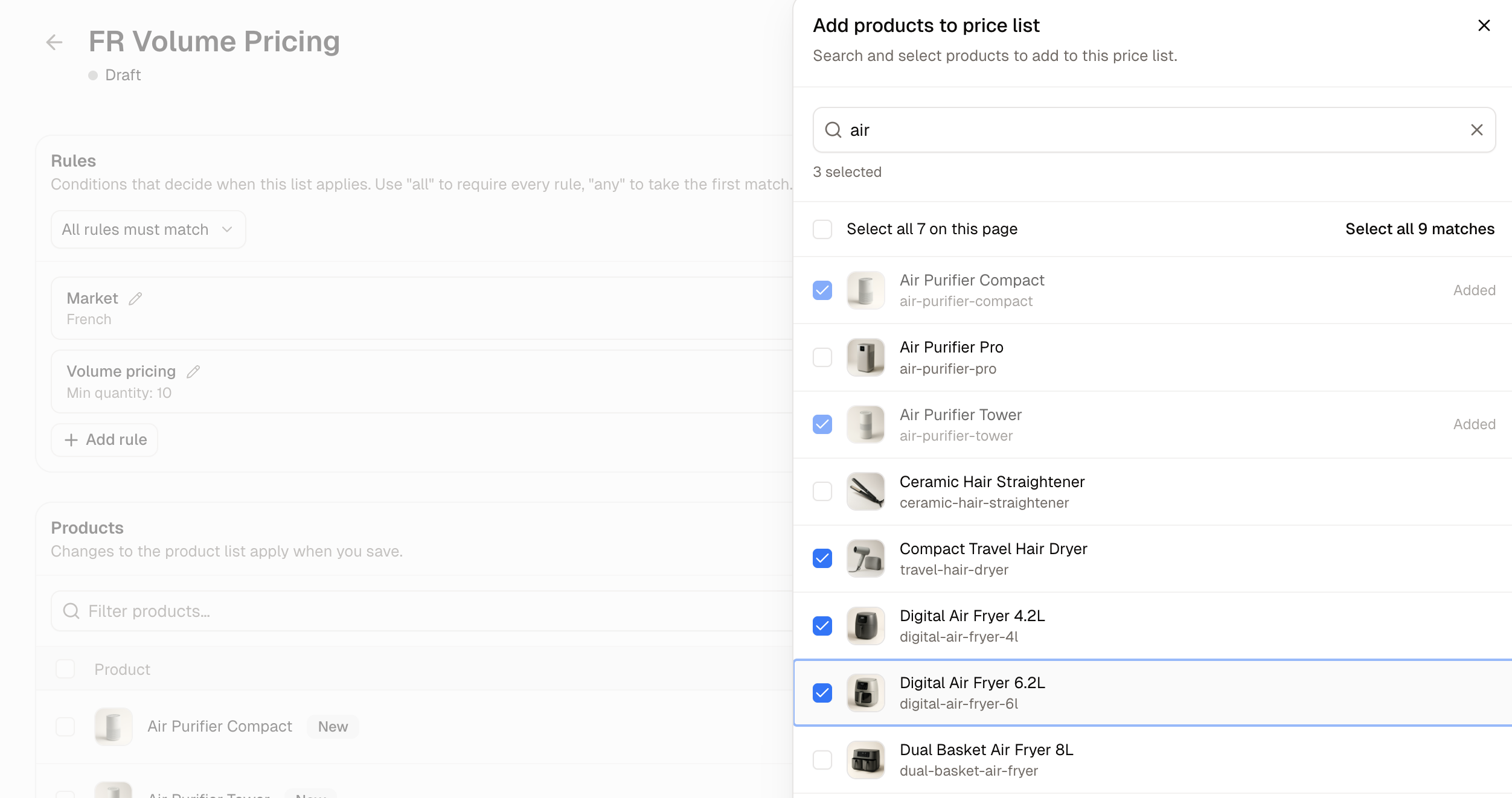 The product picker, with products ticked ready to add