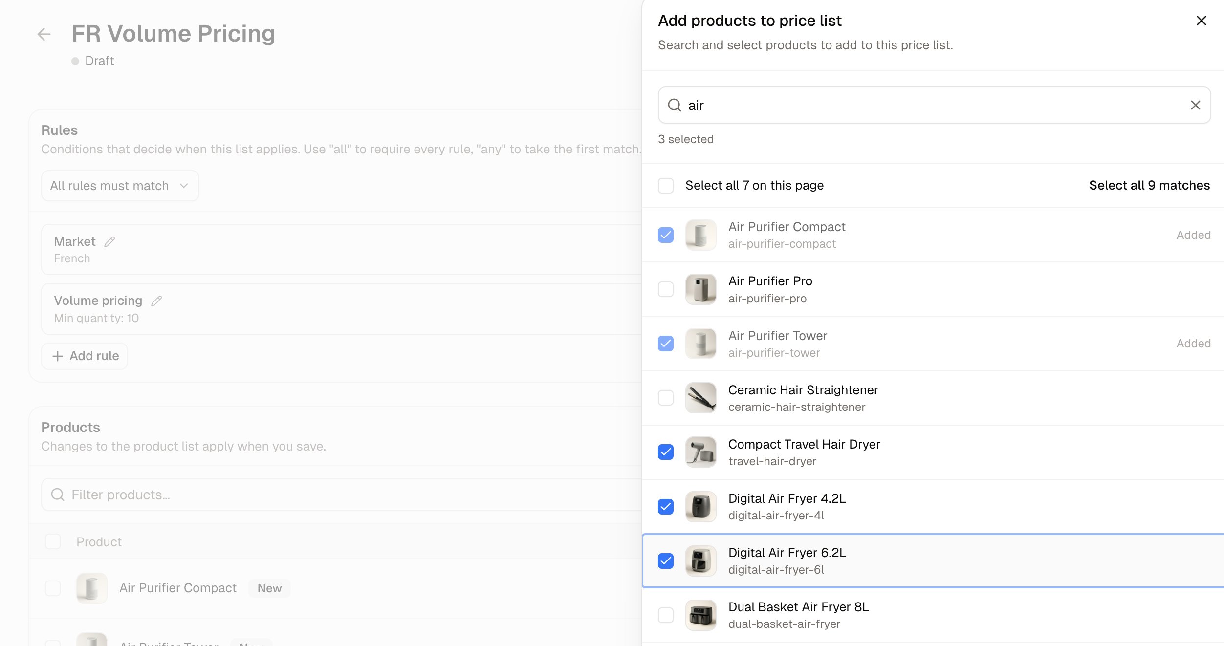 The product picker, with products ticked ready to add