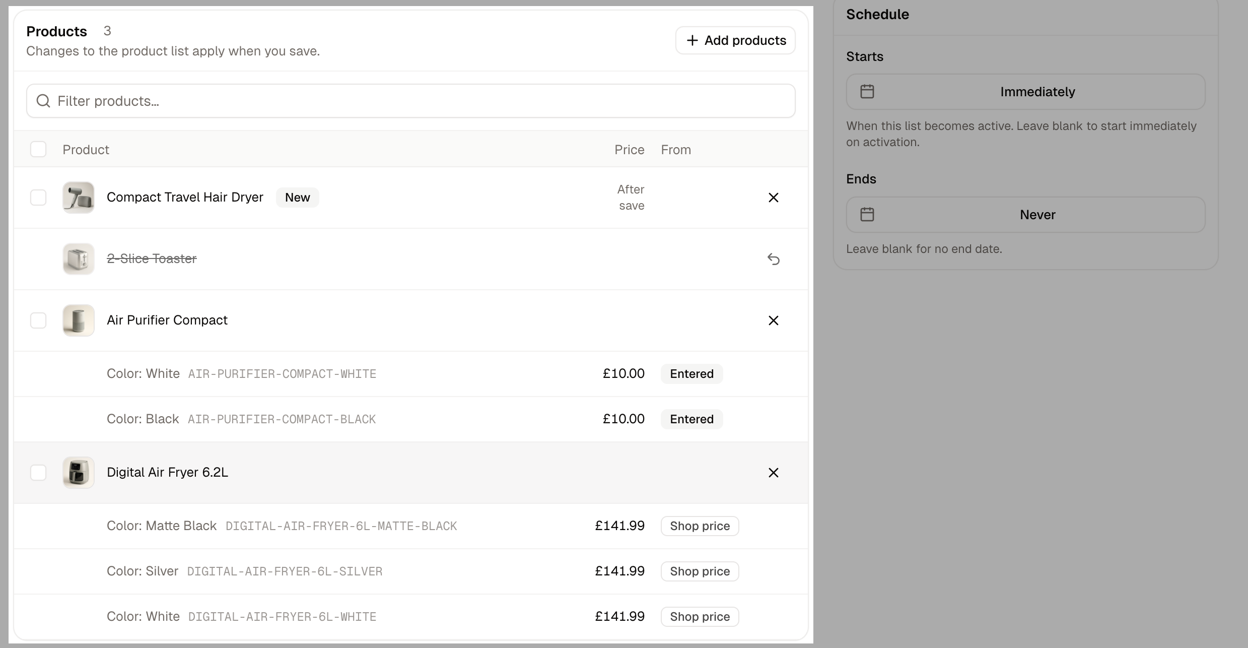 The Products card, showing entered prices, shop prices and a product added but not yet saved