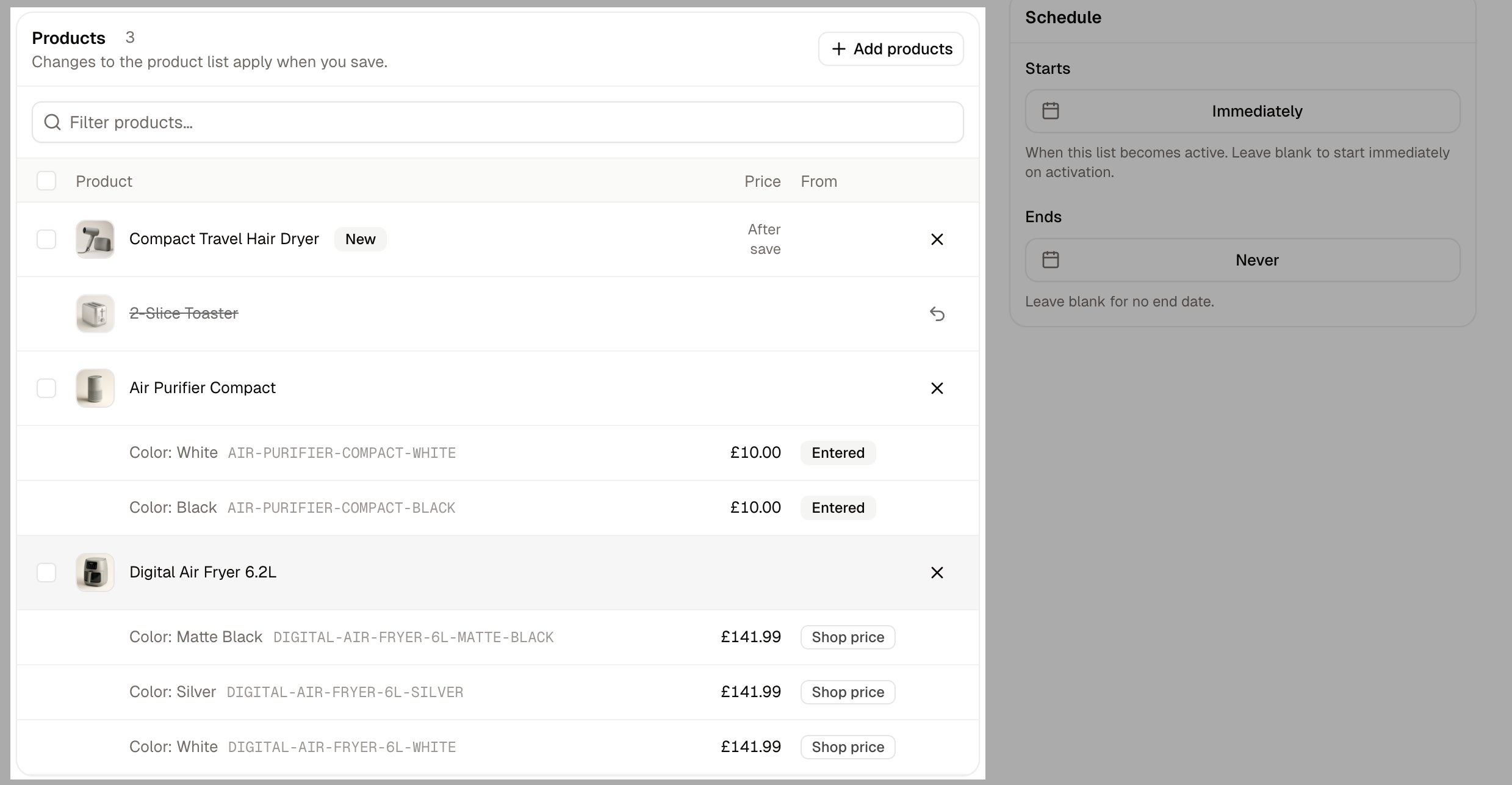 The Products card, showing entered prices, shop prices and a product added but not yet saved