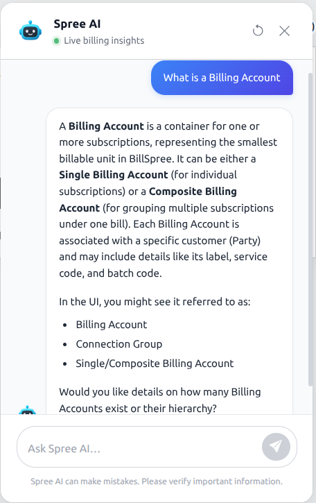 Spree AI explaining what a Billing Account is