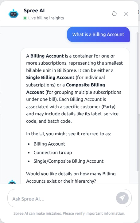 Spree AI explaining what a Billing Account is