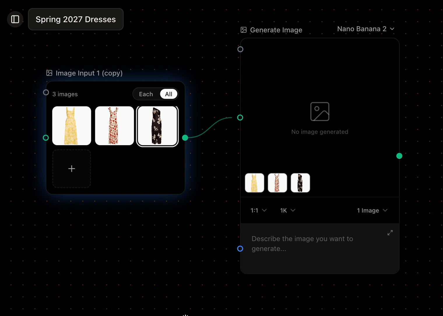 Toggling an input node between Each and All mode on the Sprello canvas