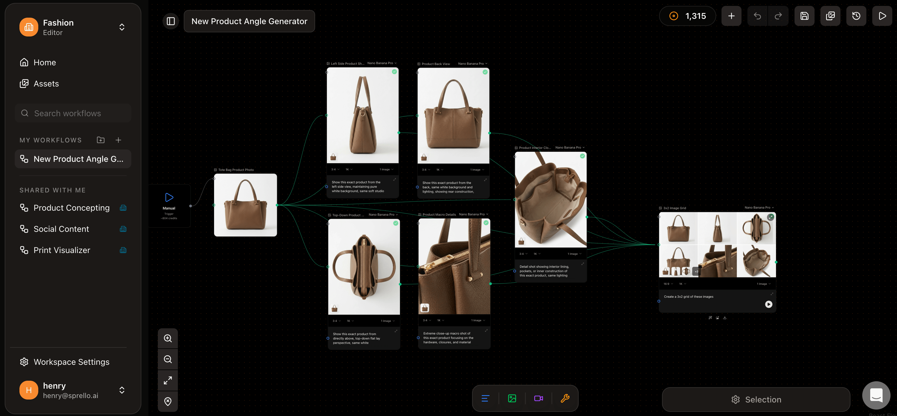 A Sprello canvas showing input nodes connected to a Generate Image node