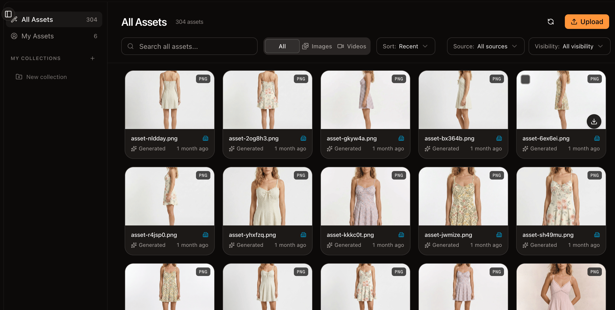 The Sprello asset library showing a grid of images and videos