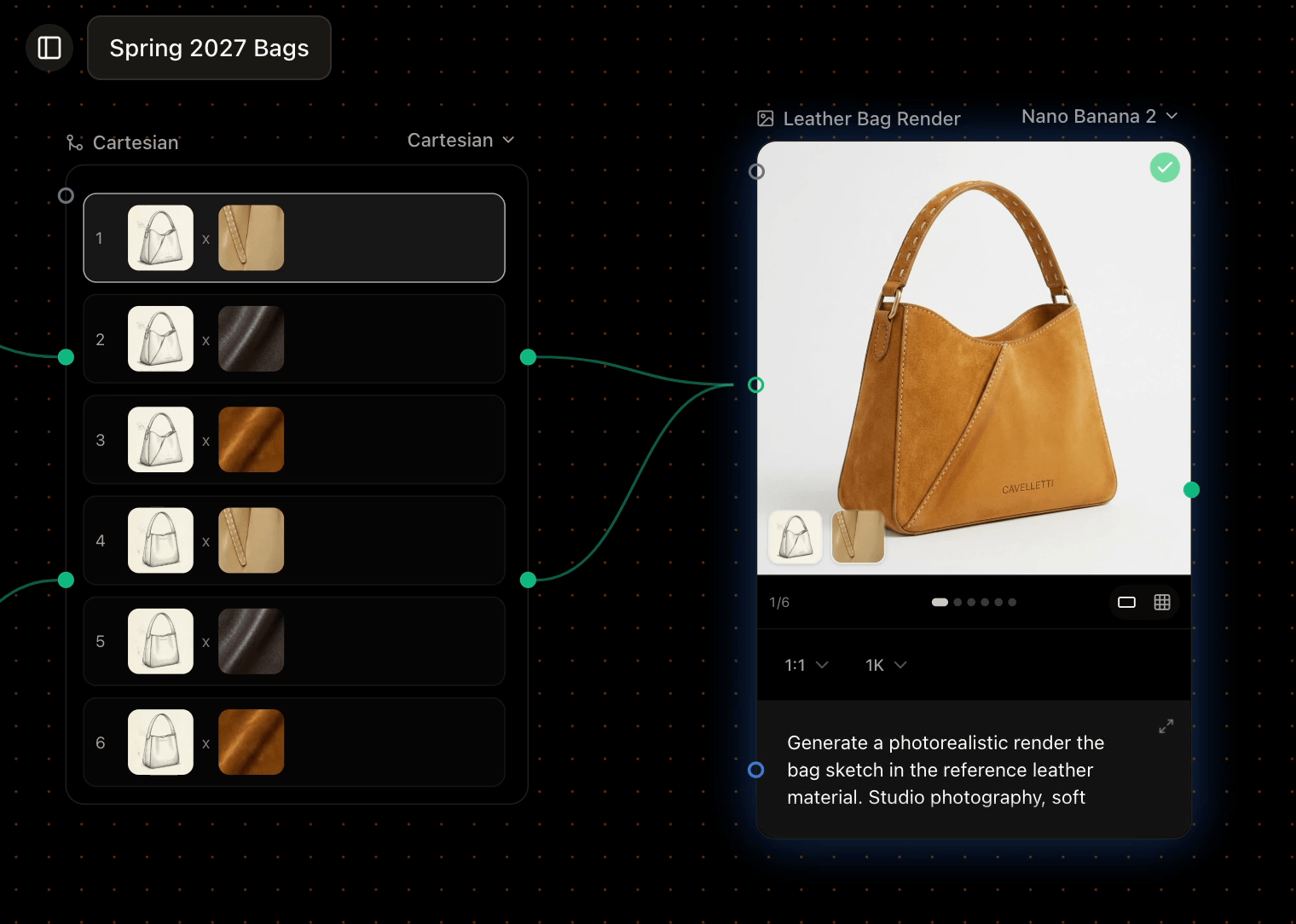 A Combinator set to Cartesian producing every product-and-material combination