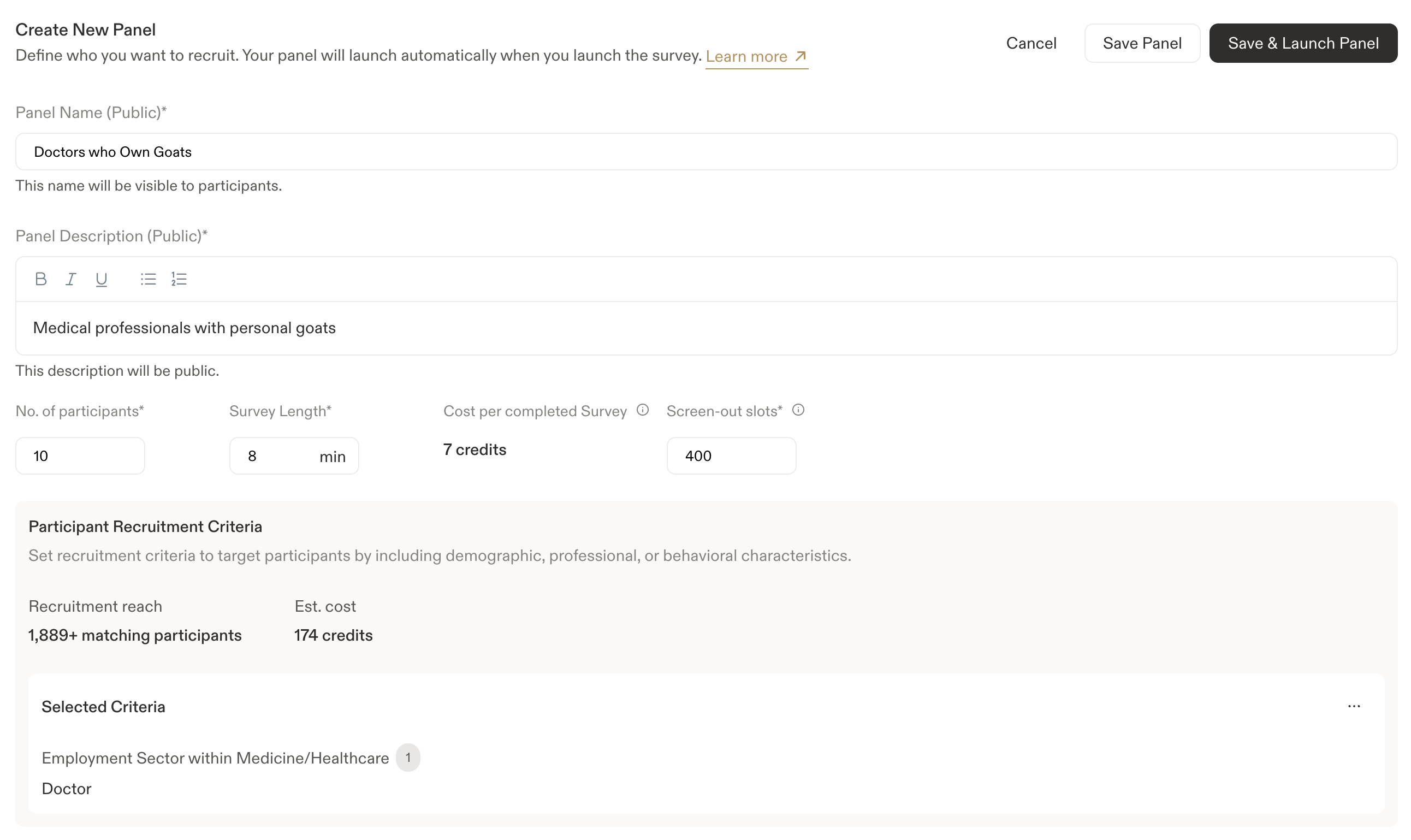 Create New Panel form