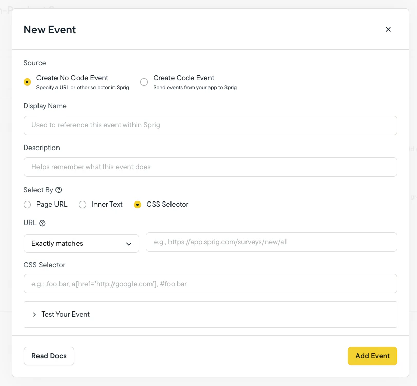 No-Code Event Creation Window