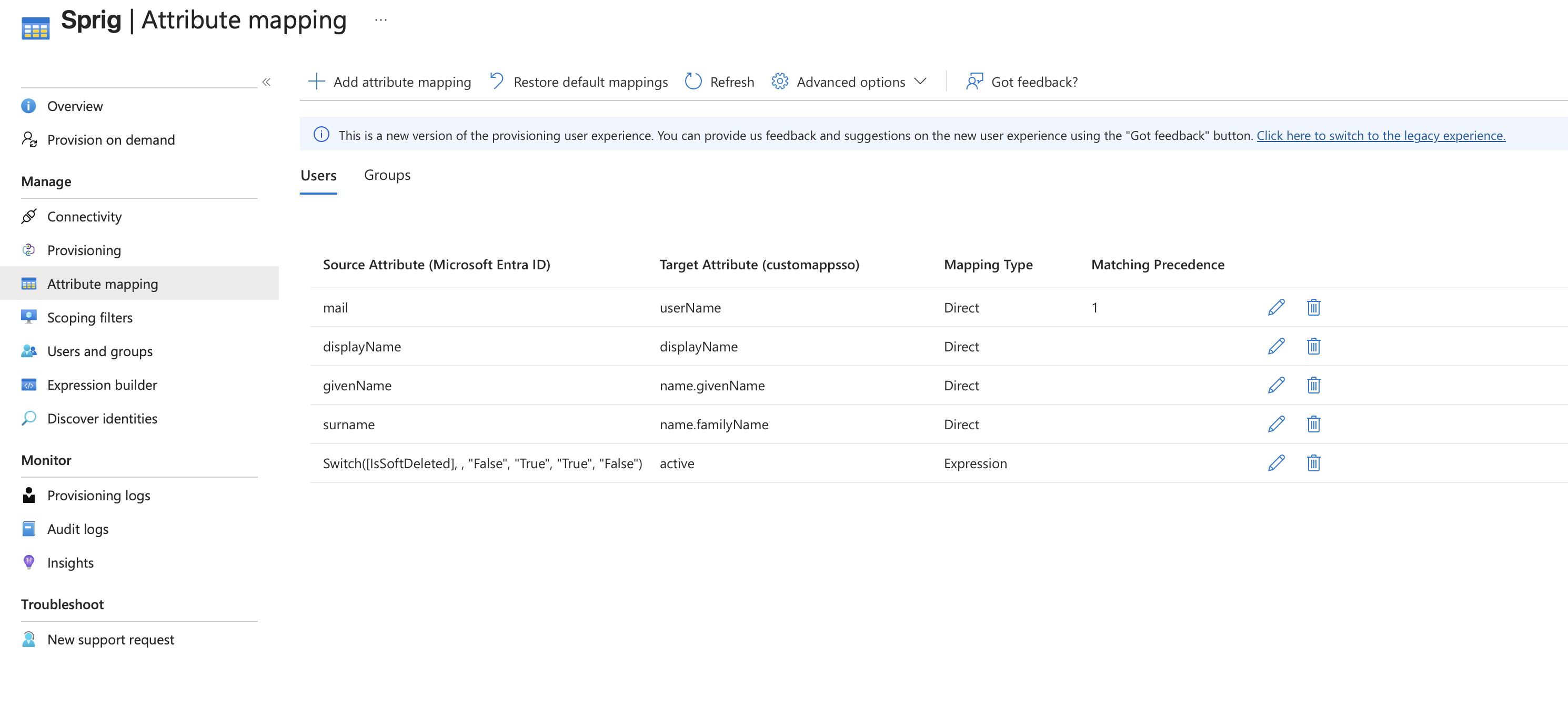 Entra Attribute mapping with the five mappings to keep: mail, displayName, givenName, surname, and the IsSoftDeleted expression mapped to active.