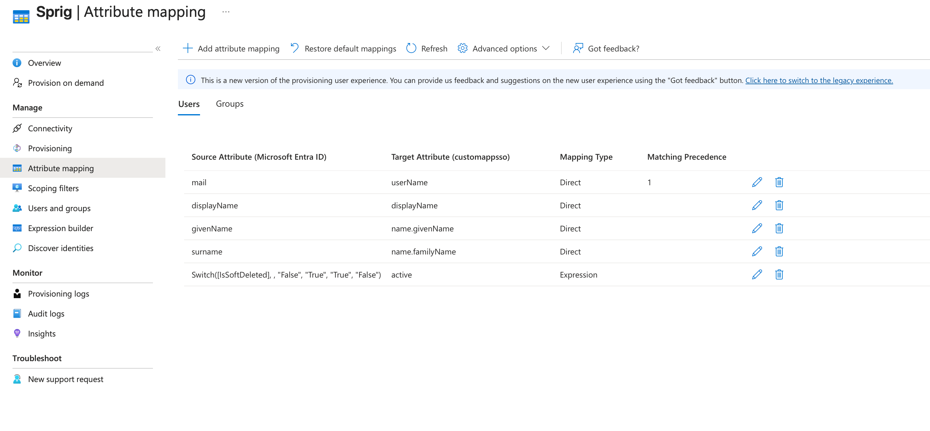 Entra Attribute mapping with the five mappings to keep: mail, displayName, givenName, surname, and the IsSoftDeleted expression mapped to active.