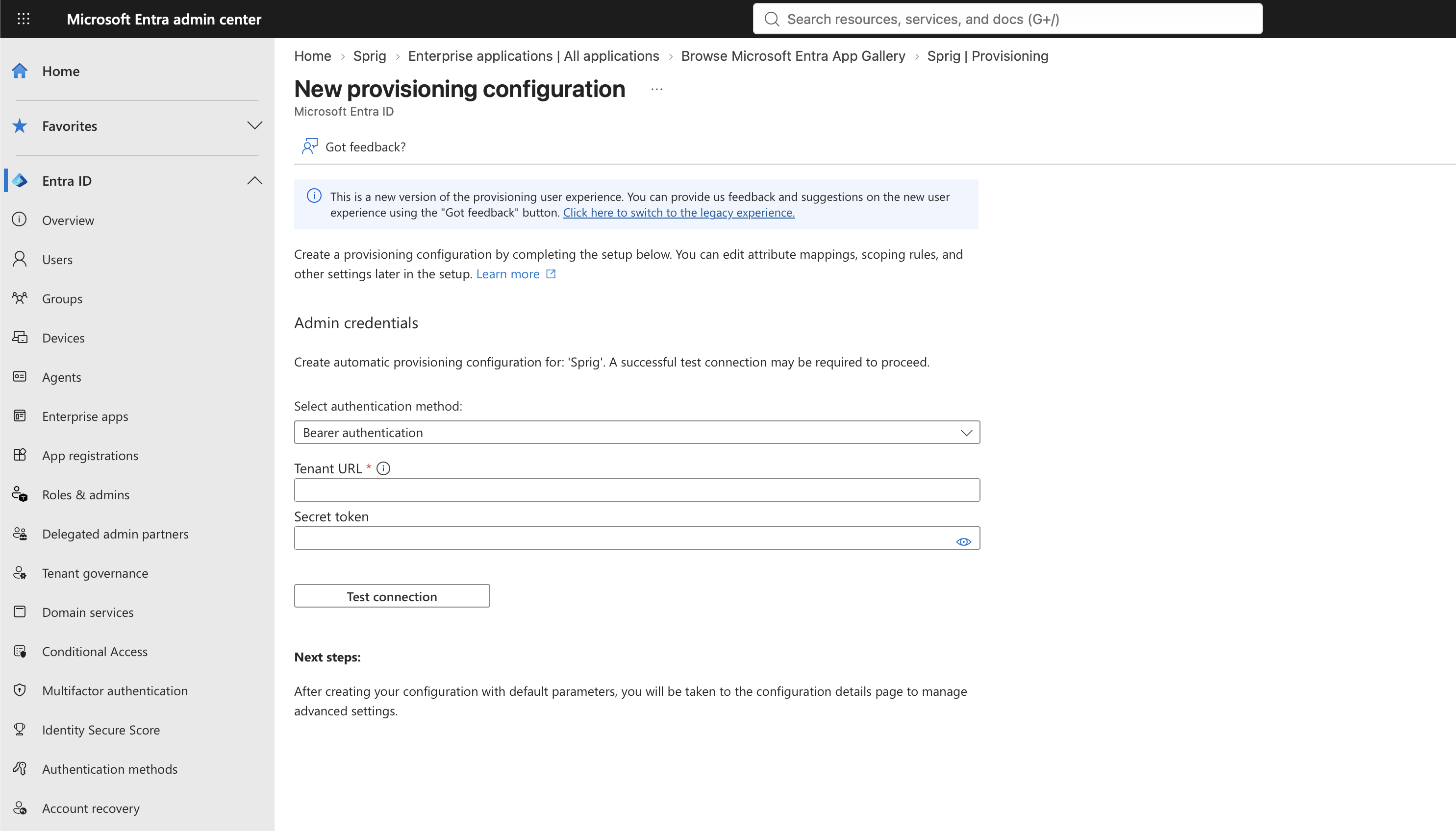 Entra New provisioning configuration with Bearer authentication, Tenant URL, Secret token, and Test connection.
