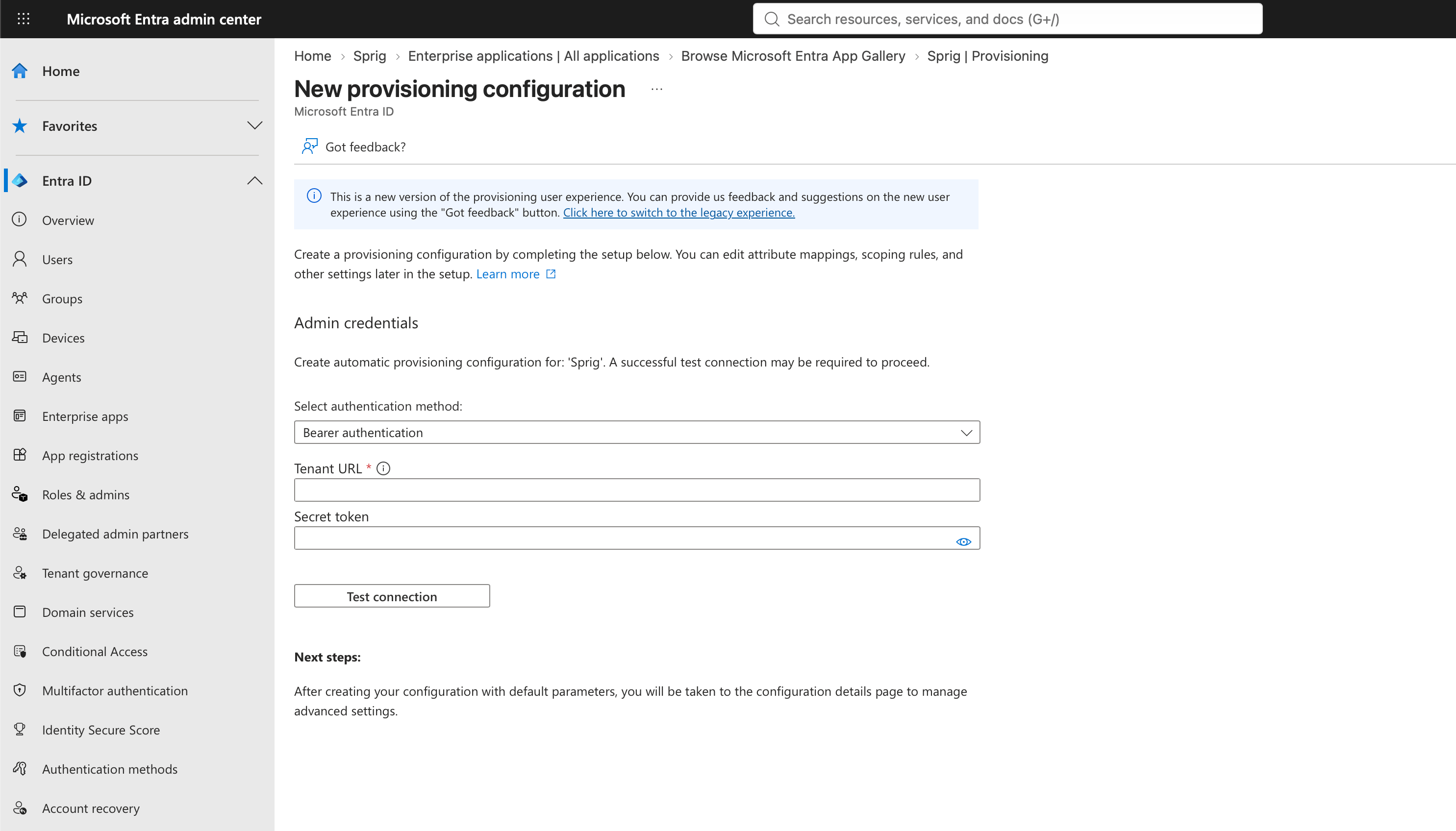 Entra New provisioning configuration with Bearer authentication, Tenant URL, Secret token, and Test connection.