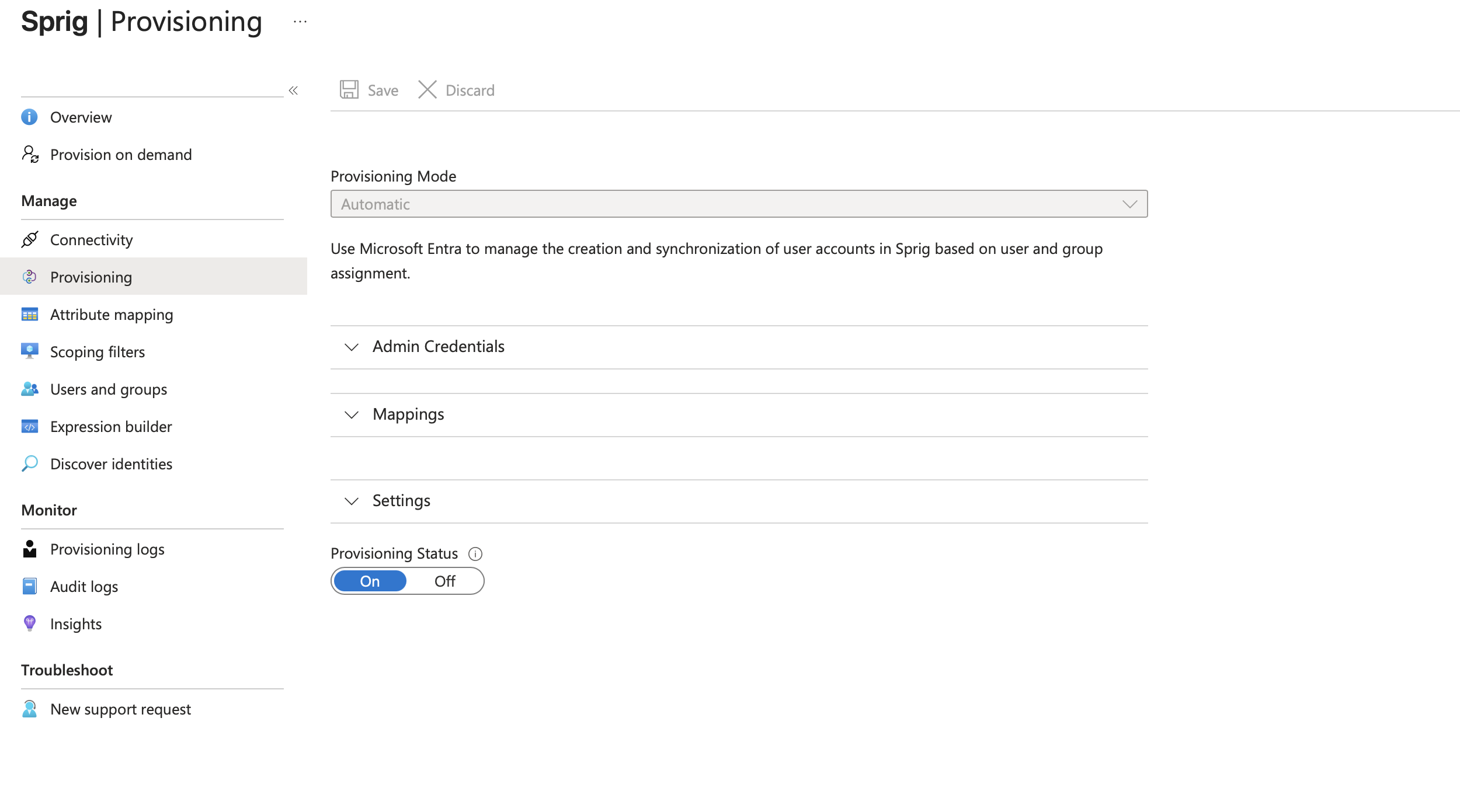 Entra Provisioning with Automatic mode and provisioning status On.