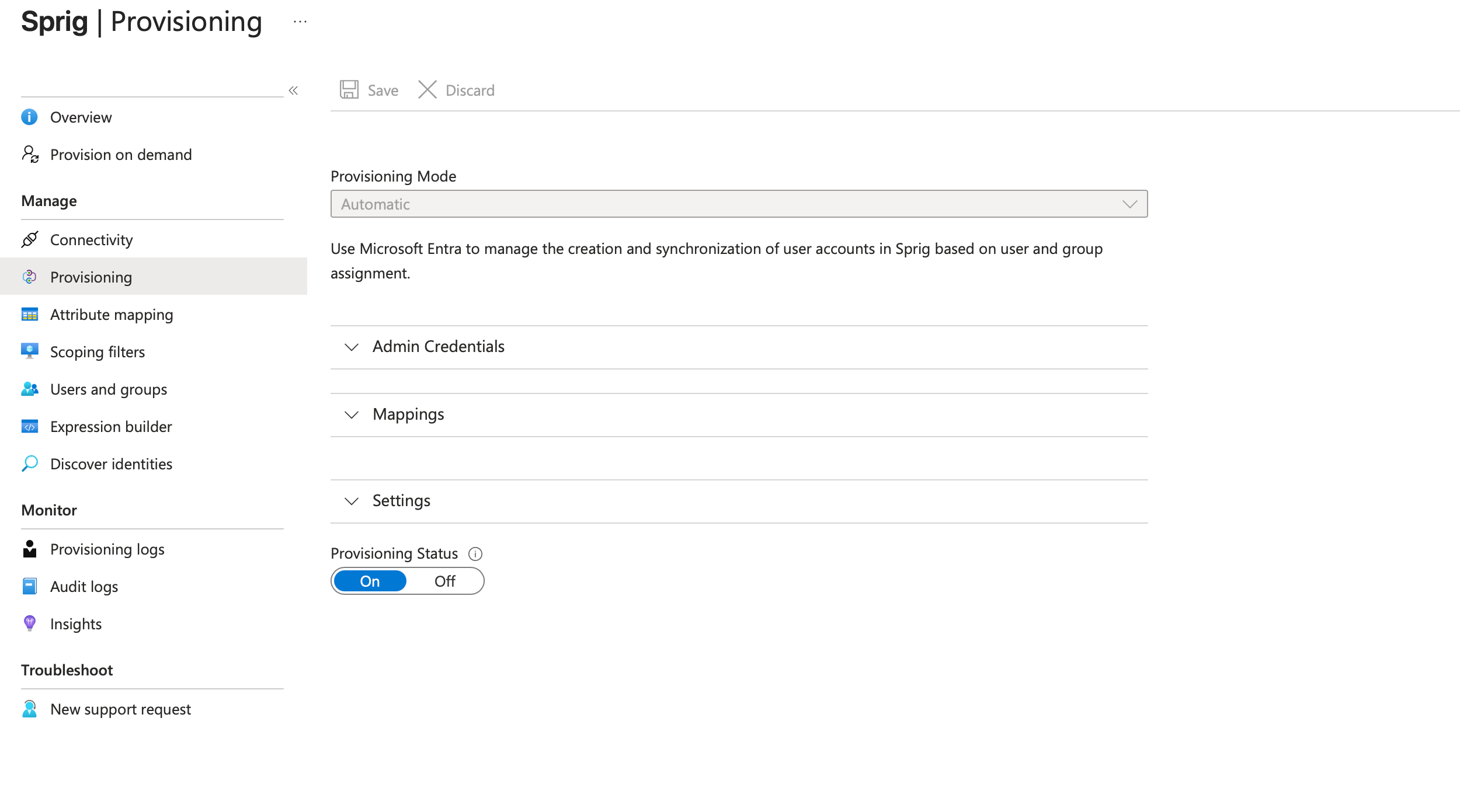 Entra Provisioning with Automatic mode and provisioning status On.
