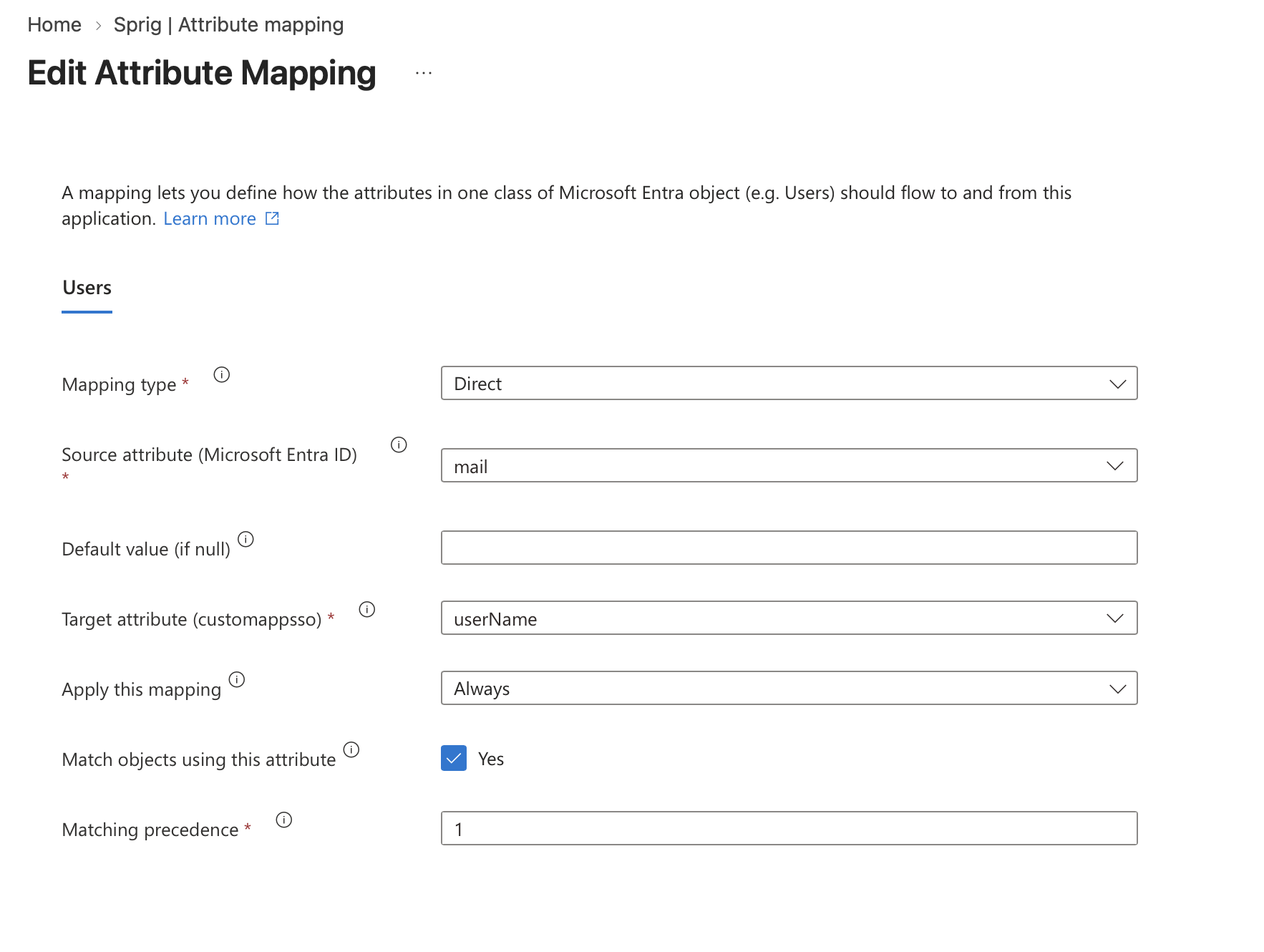 Entra Edit Attribute Mapping with mail mapped to userName, Match objects using this attribute checked, and matching precedence 1.