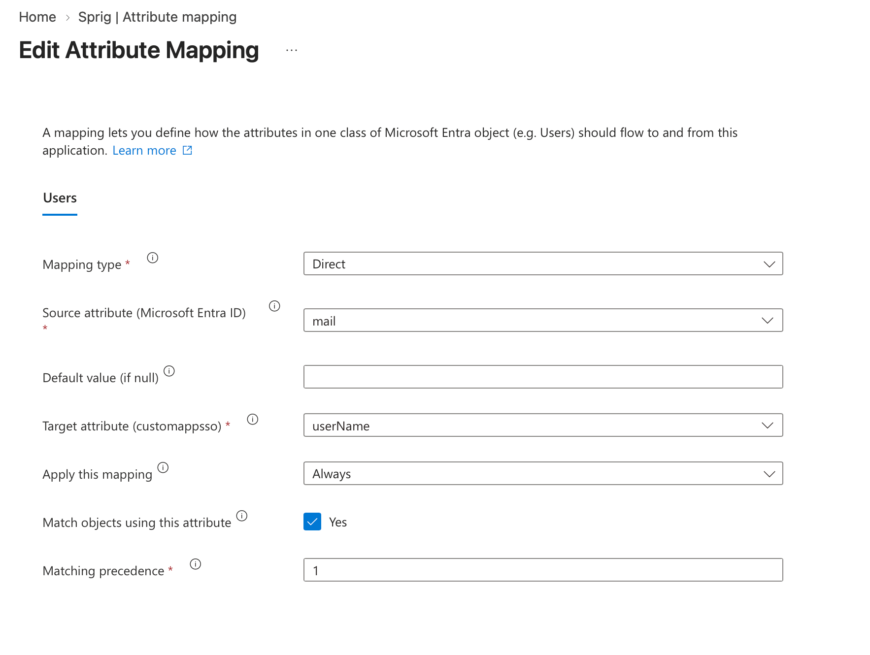 Entra Edit Attribute Mapping with mail mapped to userName, Match objects using this attribute checked, and matching precedence 1.