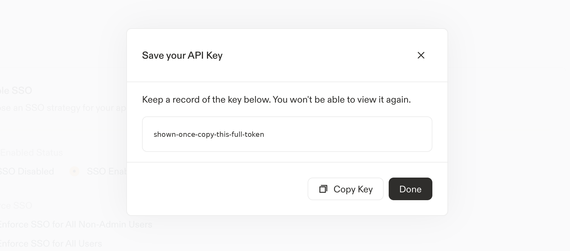 Save your API Key modal. The full key is shown once.