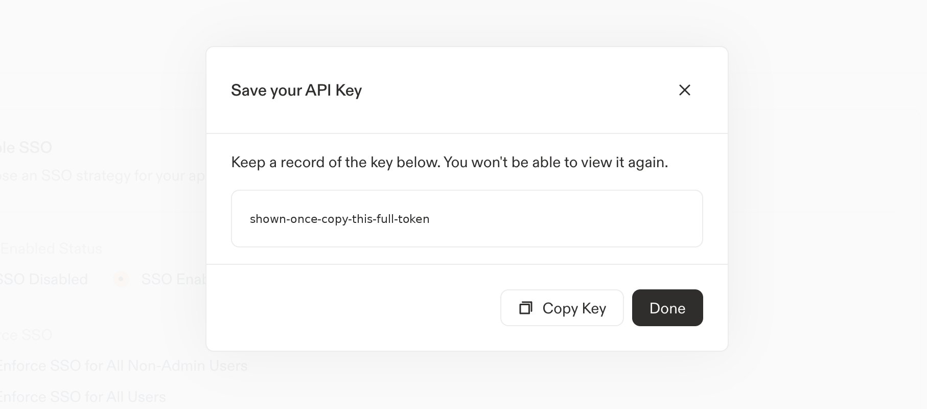 Save your API Key modal. The full key is shown once.