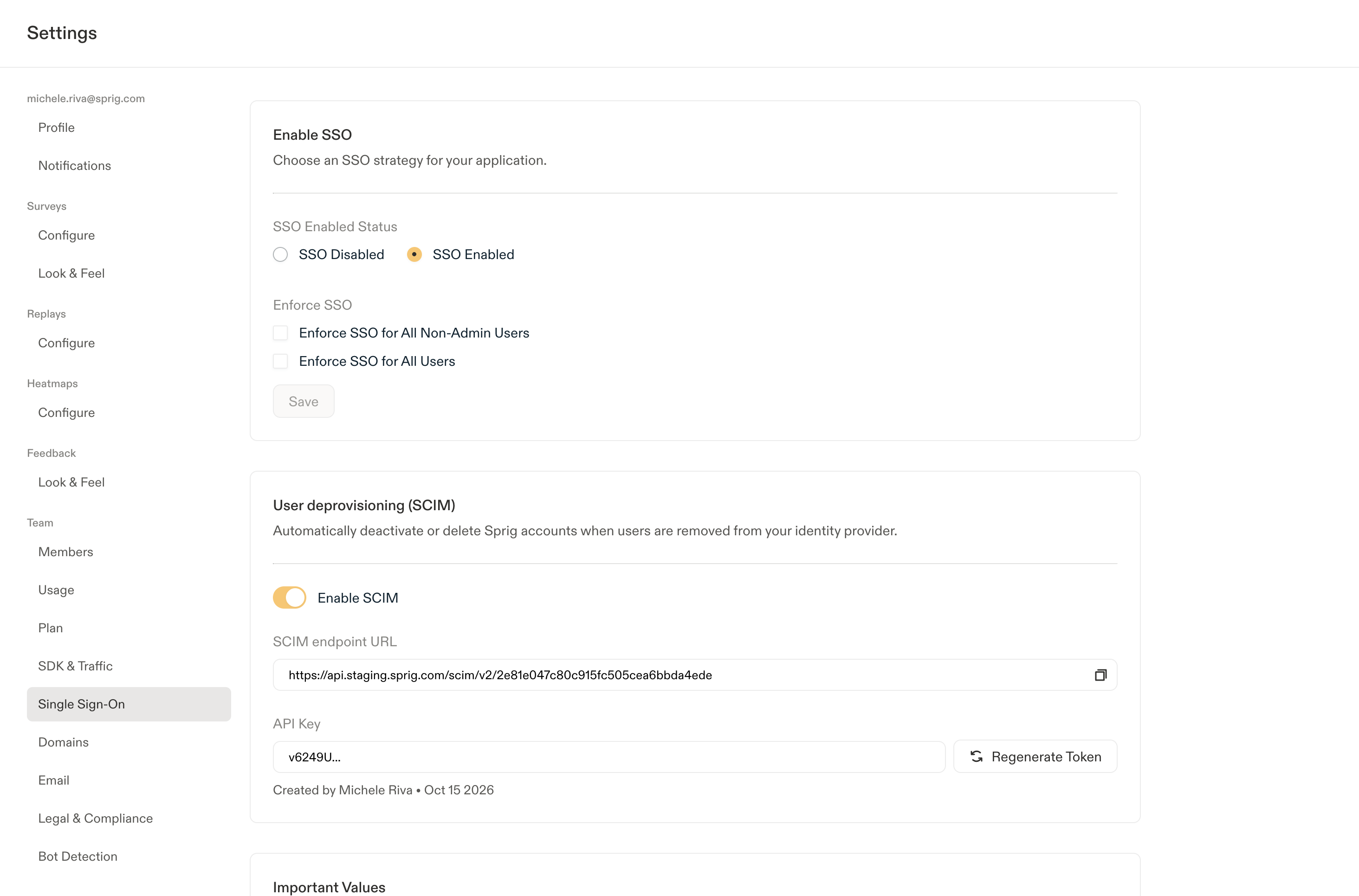 Single Sign-On settings with Enable SCIM on, the SCIM endpoint URL, and the API key preview.