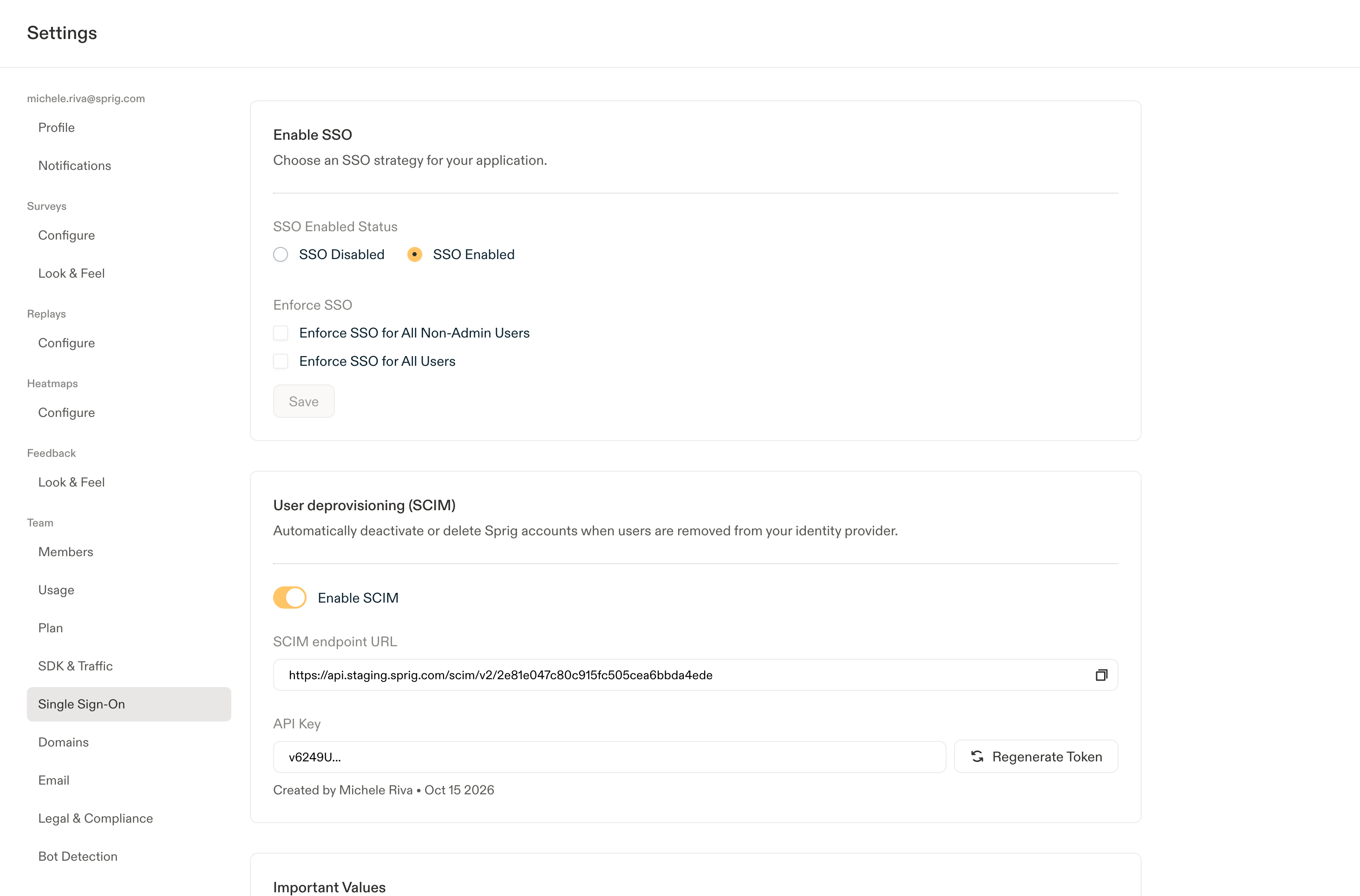 Single Sign-On settings with Enable SCIM on, the SCIM endpoint URL, and the API key preview.