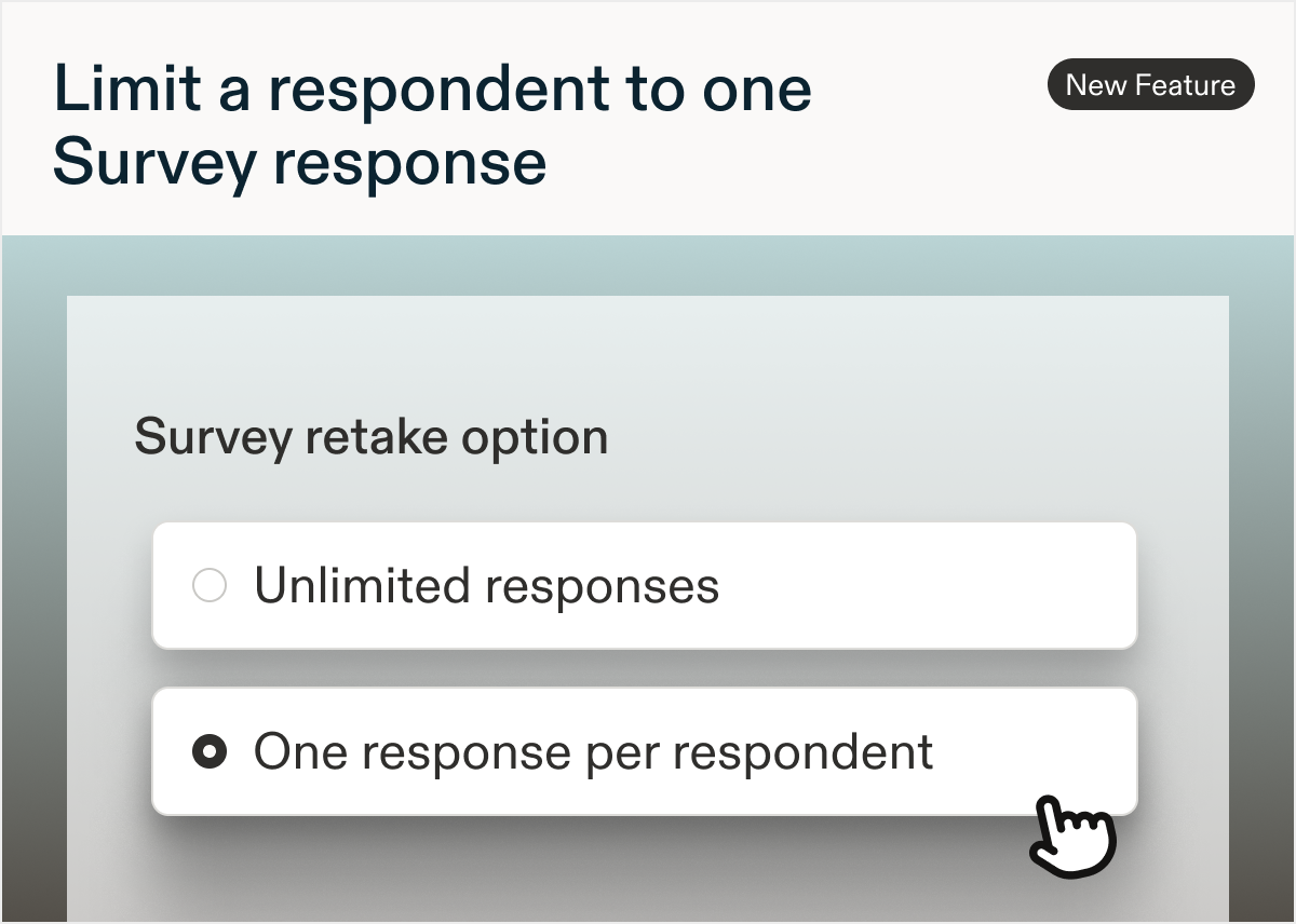 Survey retake option setting with two choices, “Unlimited responses” and “One response per respondent,” with a cursor selecting “One response per respondent.”