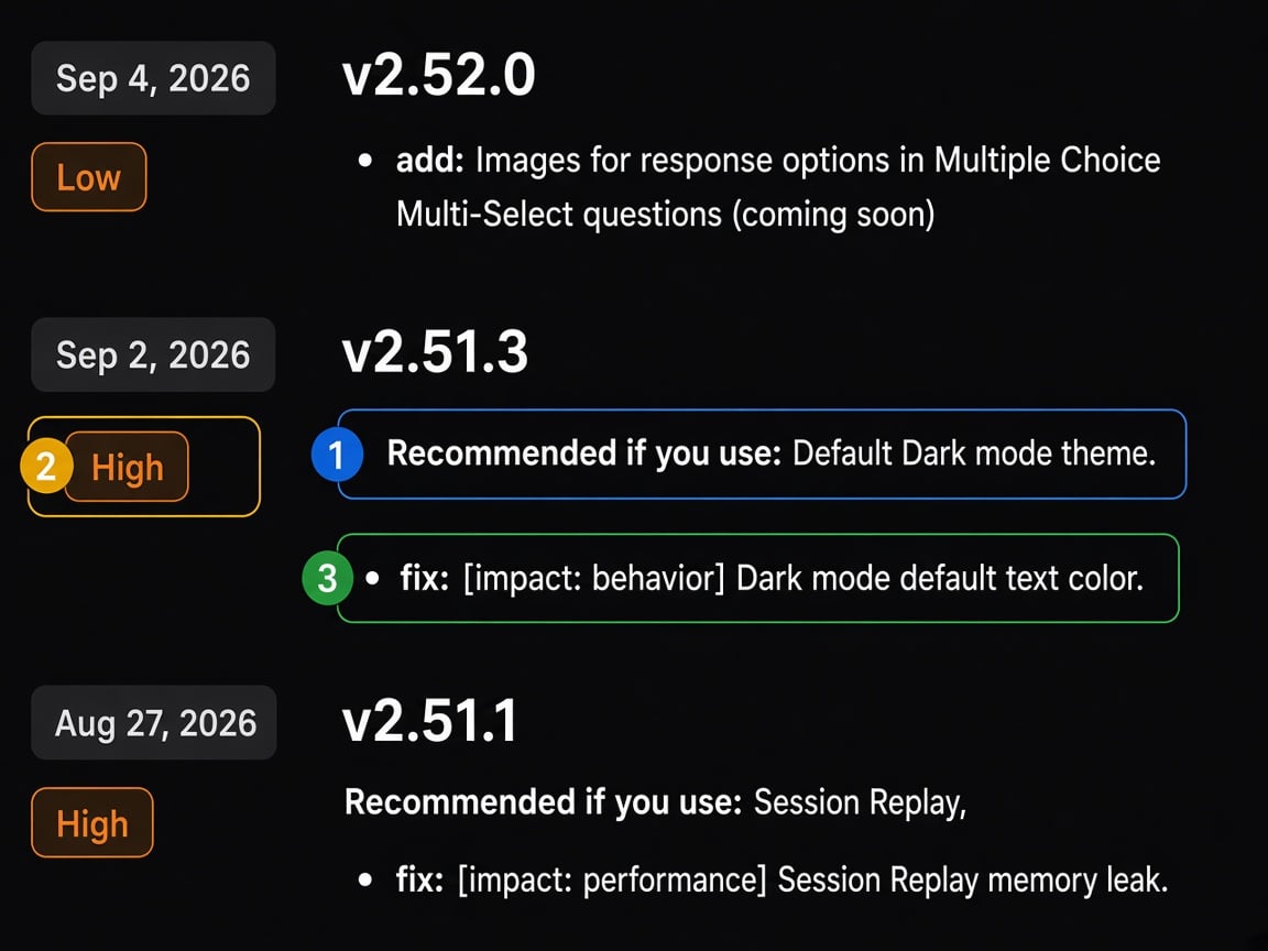 Web Changelog page with the Recommended if you use line, the urgency tag next to a release, and an impact tag on a change bullet highlighted