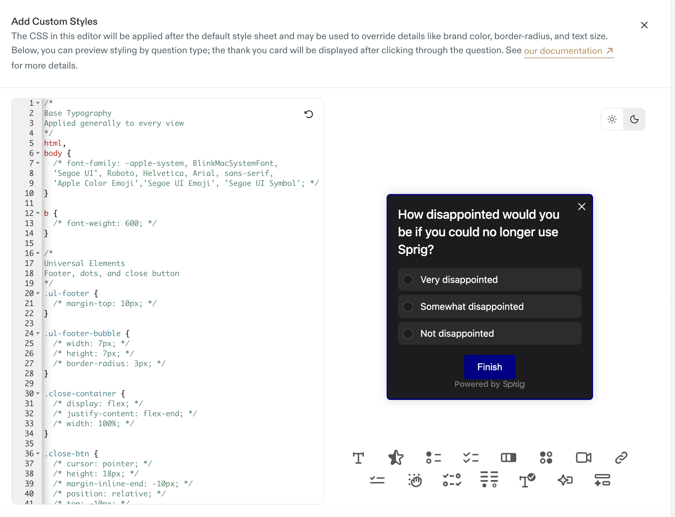 The custom CSS editor's preview panel with a sun and moon icon switcher for toggling between light and dark