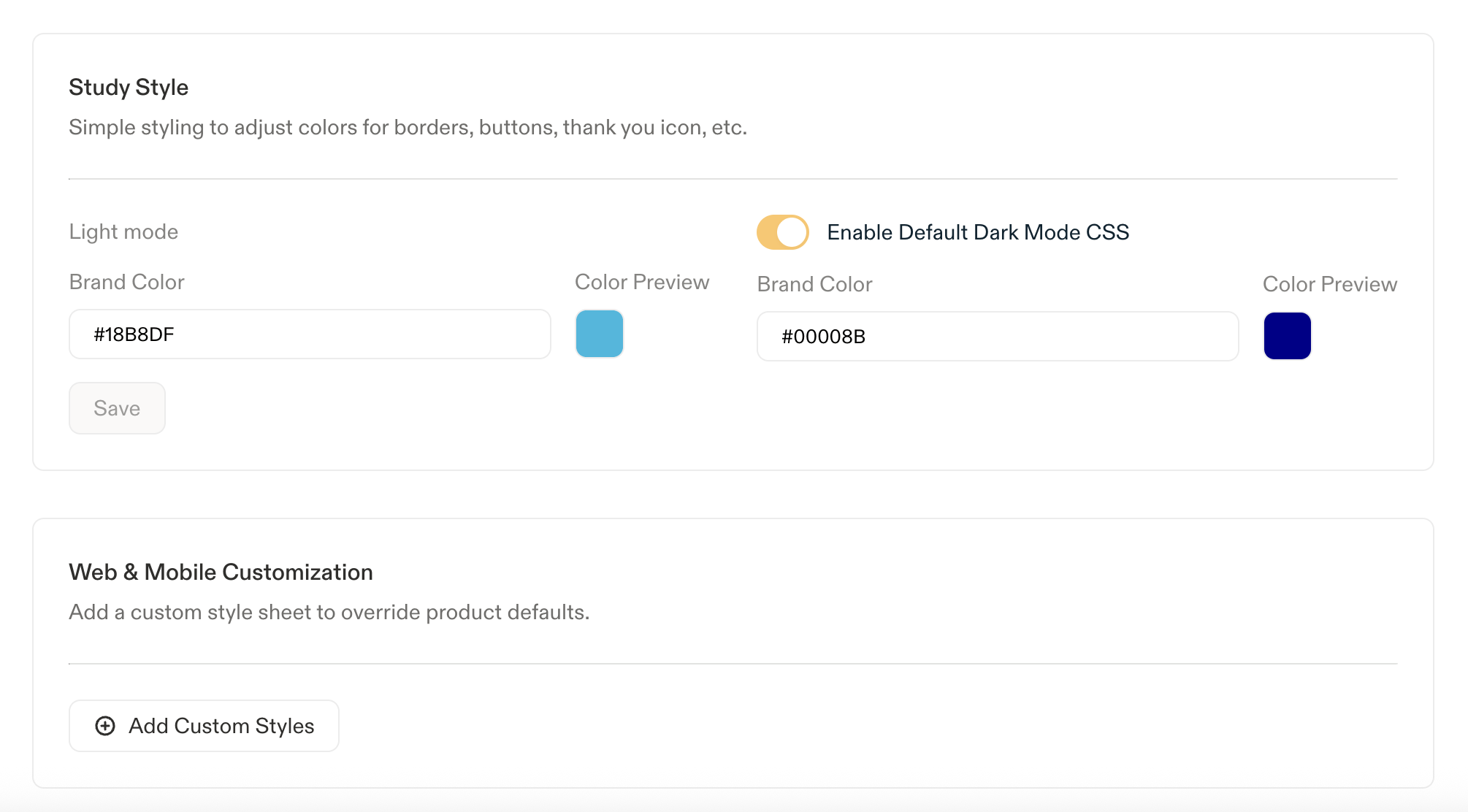 Look & Feel settings showing the Enable Default Dark Mode CSS toggle and separate light and dark Brand Color fields