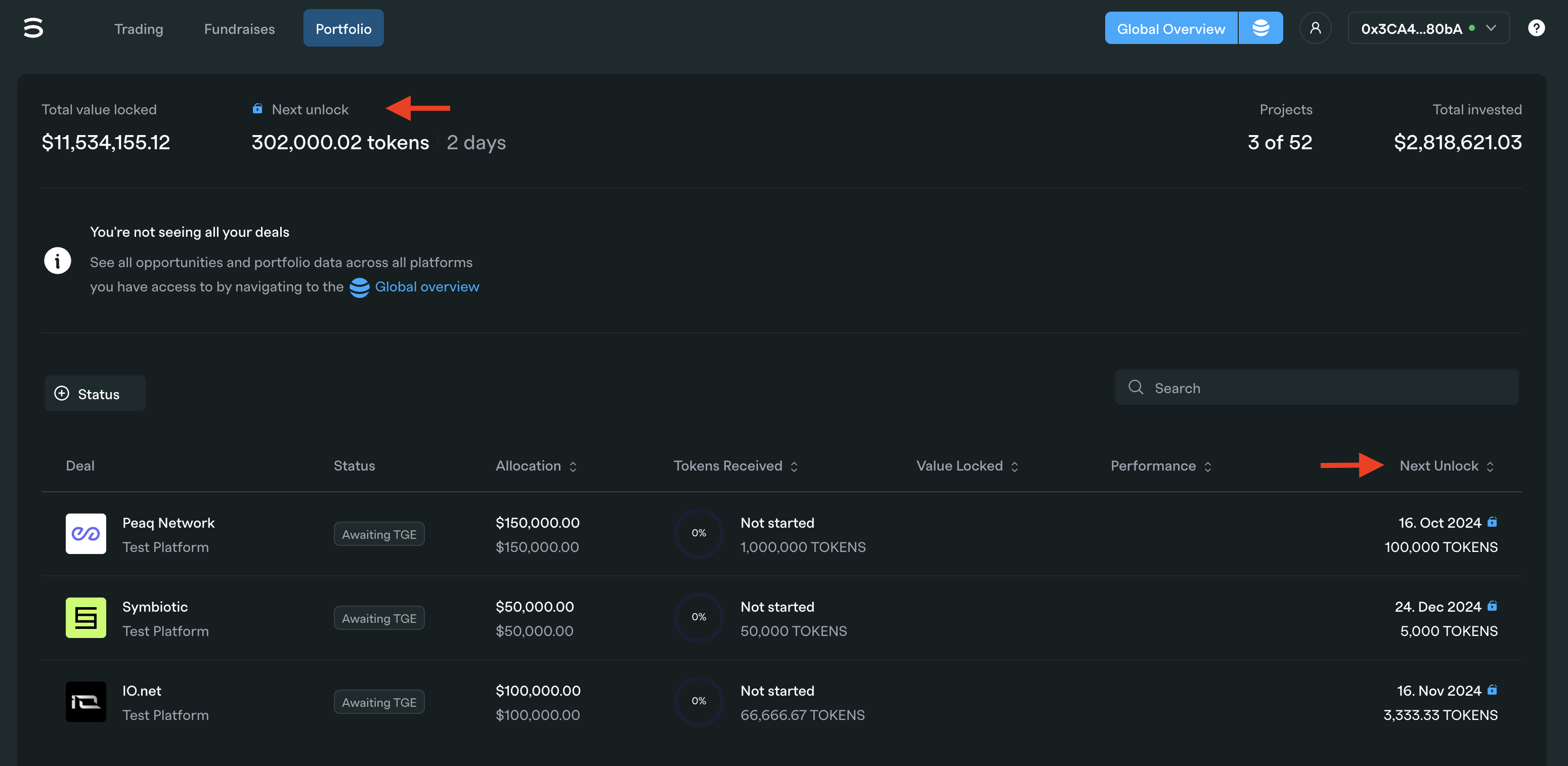 Portfolio vesting schedule interface