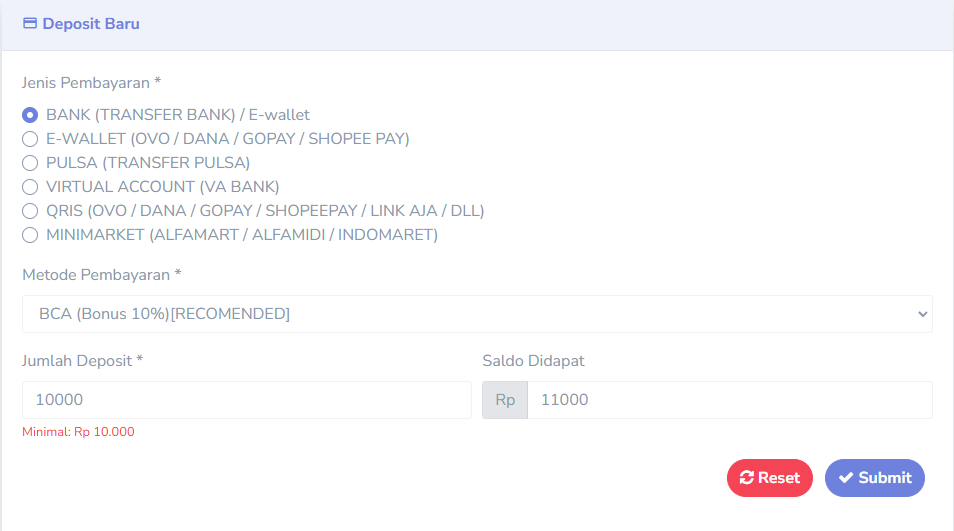 Tampilan Deposit Bank