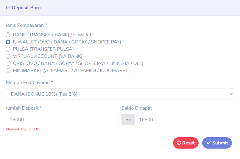 Tampilan Deposit Dana