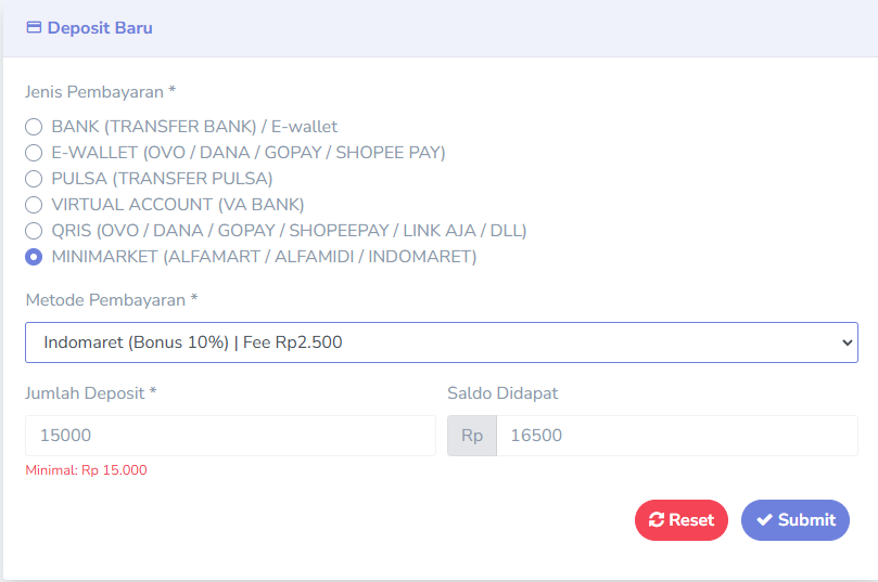 Tampilan Deposit Indomaret