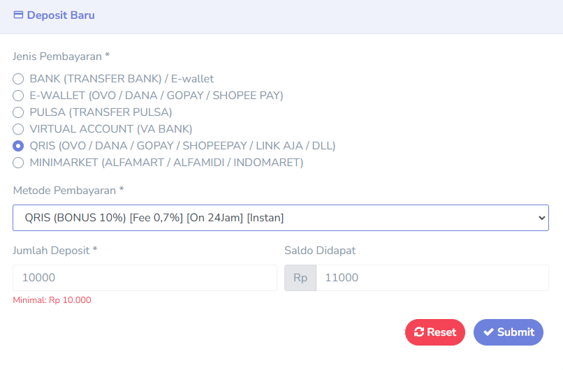 Tampilan Deposit Qris