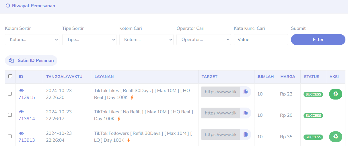 Tampilan Tombol Refill