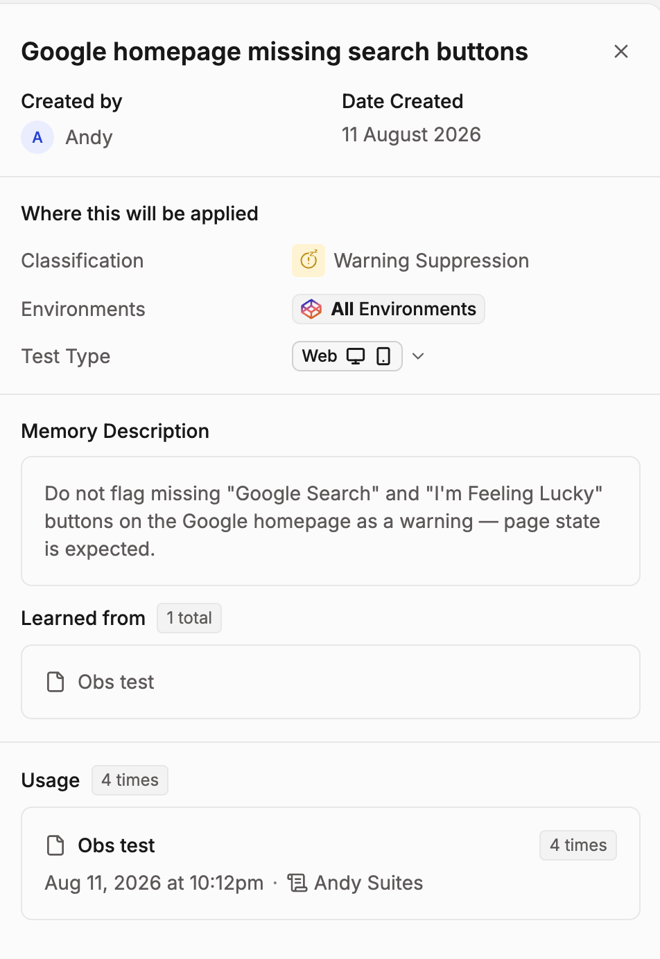 A rule named "Google homepage missing search buttons" showing who created it, a Where this will be applied section with Classification, Environments, and Test Type, the memory description text, and Learned from and Usage sections