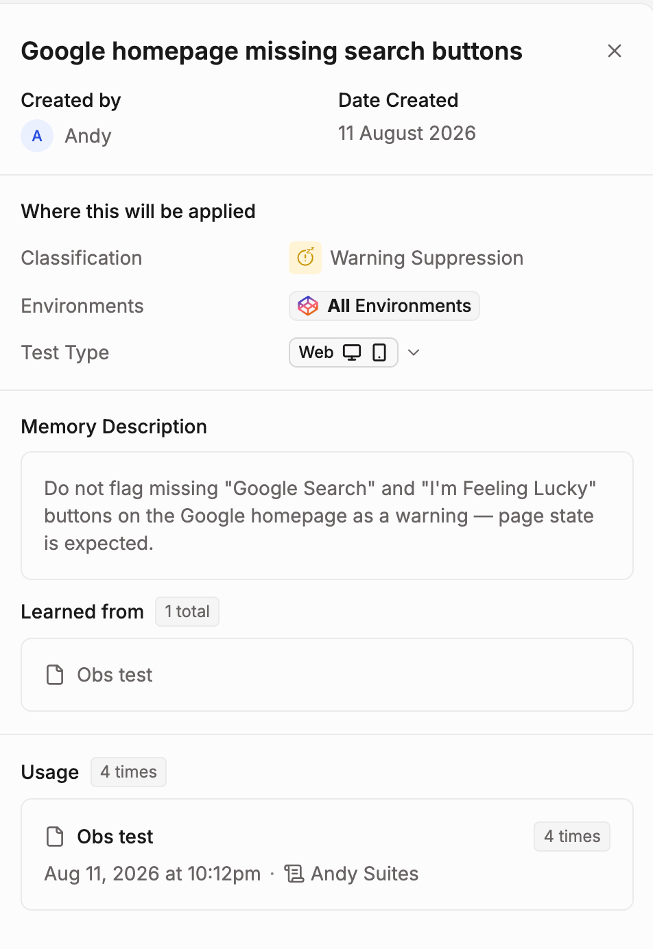A rule named "Google homepage missing search buttons" showing who created it, a Where this will be applied section with Classification, Environments, and Test Type, the memory description text, and Learned from and Usage sections