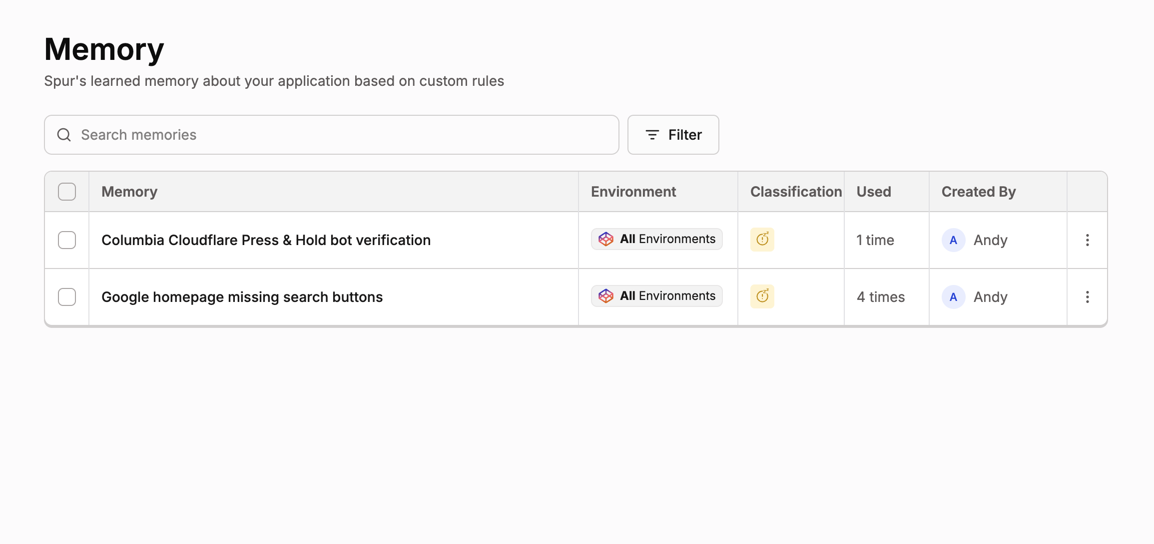 The Memory page with a search box and a table of two memories, each showing All Environments, a Warning Suppression classification, a usage count, and its creator