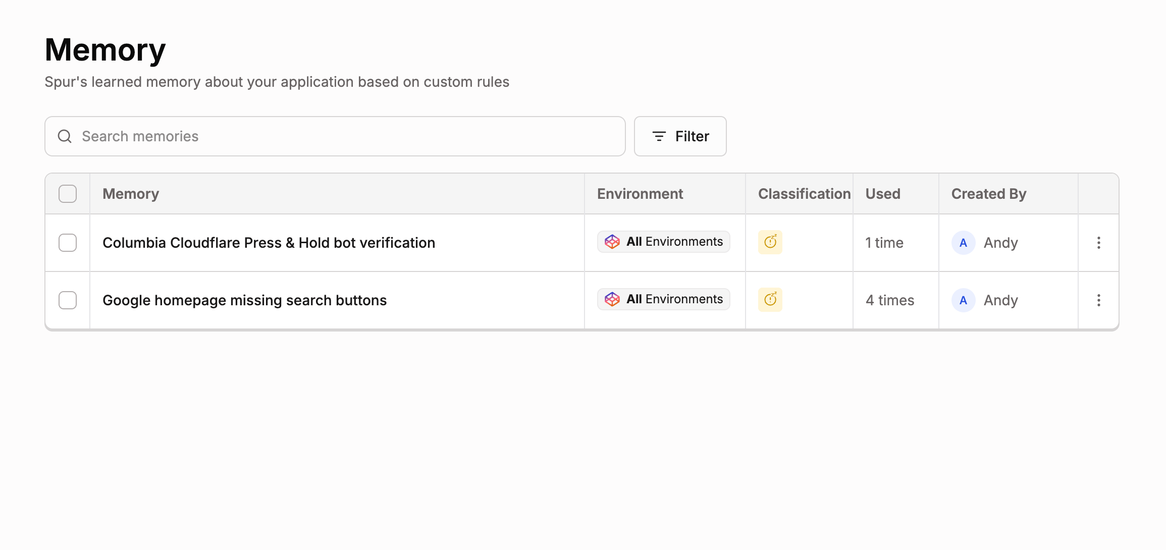 The Memory page with a search box and a table of two memories, each showing All Environments, a Warning Suppression classification, a usage count, and its creator