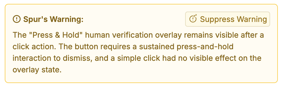 A yellow warning card reading "Spur's Warning:" about a Press and Hold verification overlay, with a Suppress Warning button in the top right
